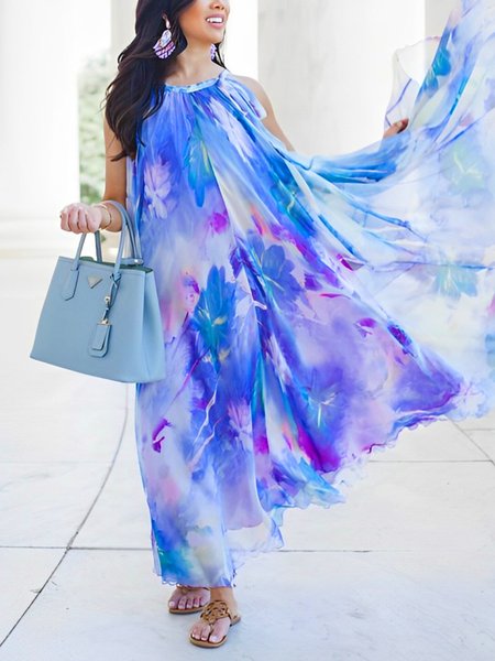 Floral Vacation Loosen Sleeveless Midi Dress, As picture, Maxi Dresses
