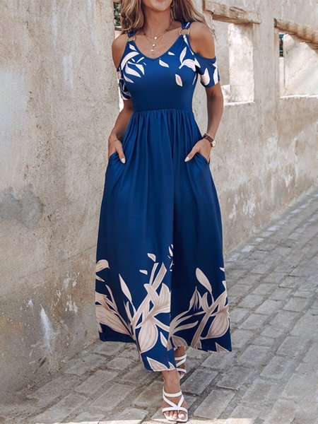 

Leaf V Neck Casual Knitted Dress, Blue, Dresses