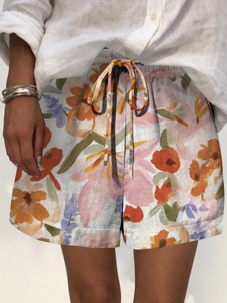 

Casual Floral Natural Shorts, Red, Pants