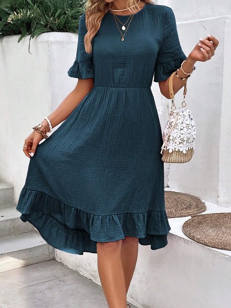 

Women Plain Crew Neck Short Sleeve Comfy Casual Short Dress, Navyblue, Dresses