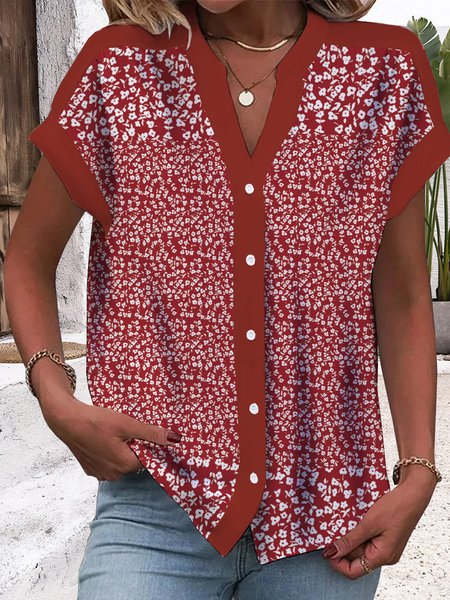 

V Neck Short Sleeve Floral Regular Loose Blouse For Women, Red, Shirts