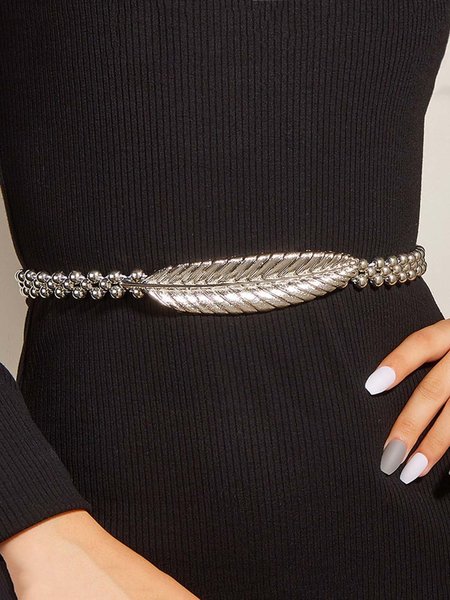 

Metal Leaf Beaded Elastic Thin Belt Elegant Dress Decoration, Silver, Belts