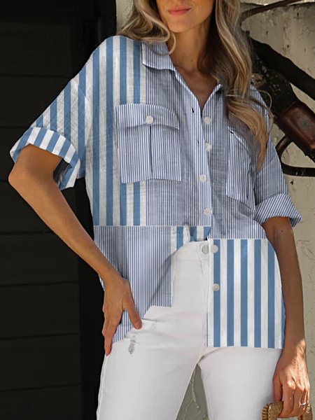 

Shirt Collar Short Sleeve Striped Regular Loose Shirt For Women, Stripe-blue, Shirts