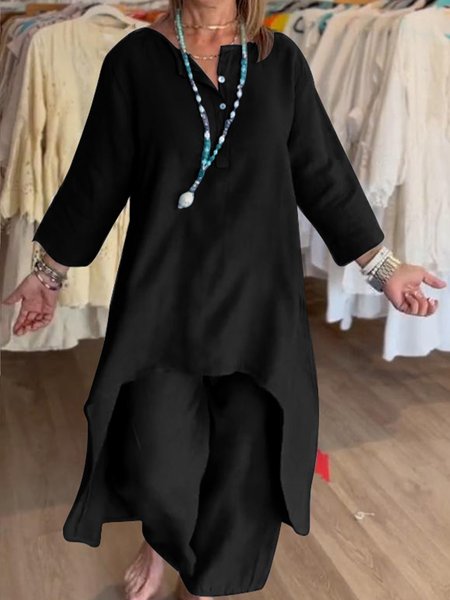 

Women Plain V Neck Three Quarter Sleeve Comfy Casual Top With Pants Two-Piece Set, Black, Sets