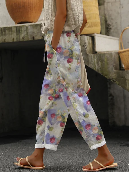 Casual Floral Long Pant, Blue, Pants