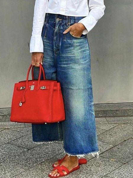 

Plus Size Daily Plain Denim Casual Wide leg Jeans, Denim blue, Plus Pants