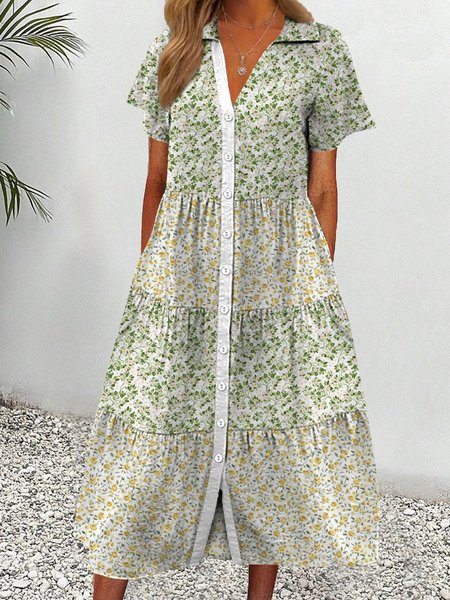 

Women Contrast Stitching Shirt Collar Short Sleeve Comfy Casual Maxi Dress, Multicolor, Dresses