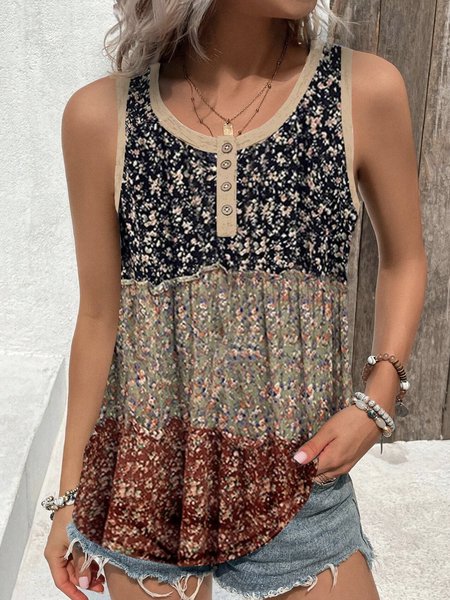 

Casual Crew Neck Floral Tank Top, Black, Tanks & Camis