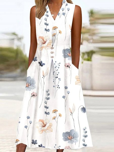 

Women Floral V Neck Sleeveless Comfy Casual Midi Dress, White, Dresses