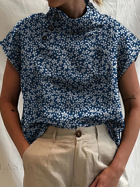

Asymmetrical Collar Short Sleeve Disty Floral Regular Loose Blouse For Women, Blue, Blouses