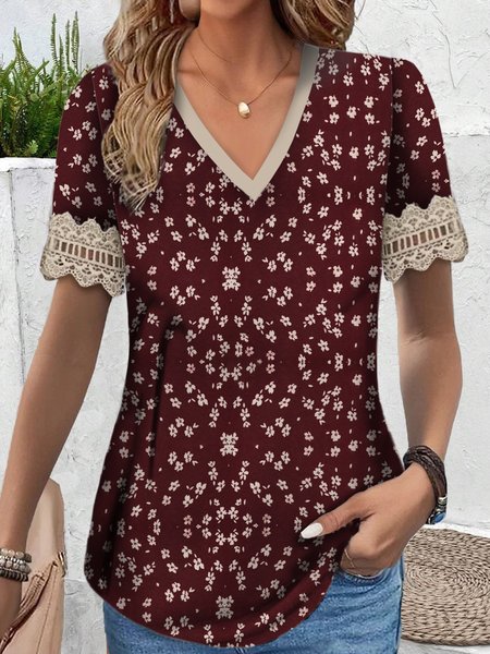 

Shirt Collar Short Sleeve Floral Regular Loose Blouse For Women, Red, Blouses