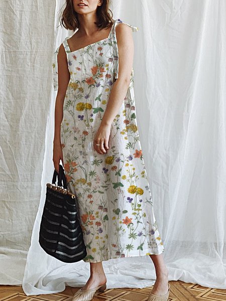 

Women Small Floral Square Neck Sleeveless Comfy Casual Maxi Dress, White, Dresses