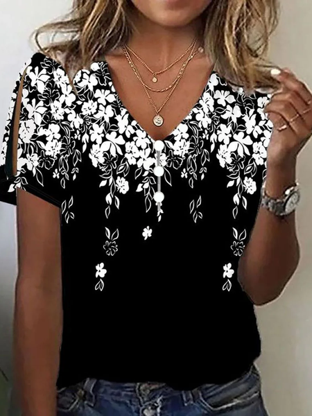 Women's Short Sleeve Tee T-shirt Summer Black And White Buckle V Neck Casual Top, Black-white, T-Shirts