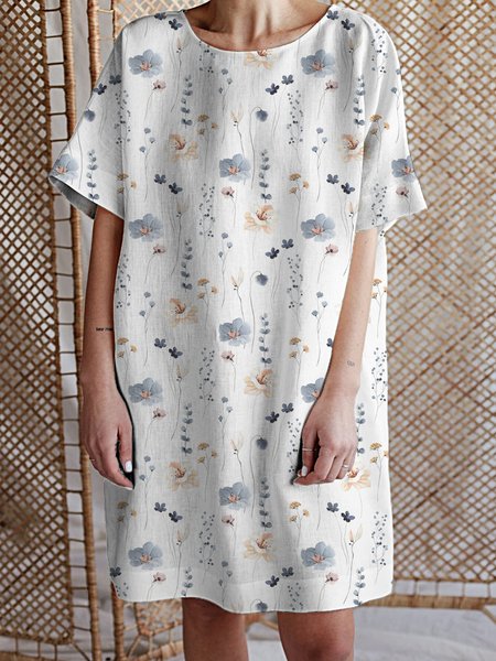 

Women Floral Shirt Collar Short Sleeve Comfy Casual Midi Dress, White, Dresses