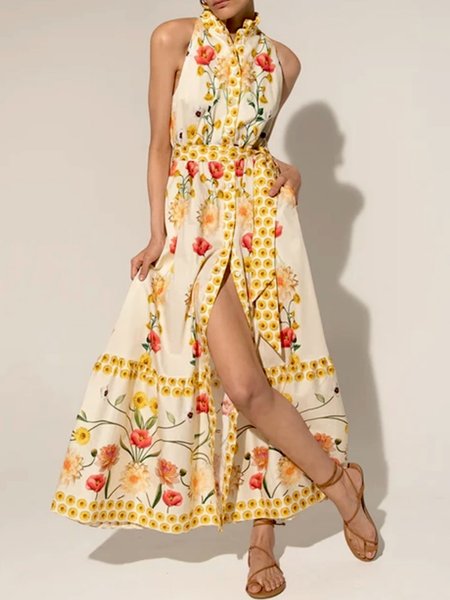 

Stand Collar Vacation Floral Dress With Belt, Yellow, Maxi Dresses