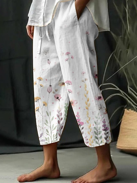 

Loose Floral Pattern Casual Pants, White, Pants