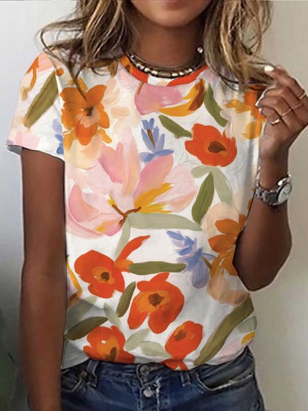 

Casual Floral Crew Neck Short Sleeve T-shirt, Red, T-shirts