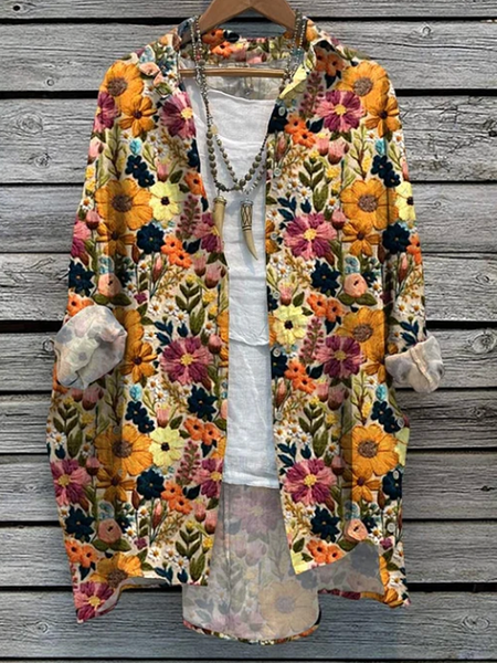 

Shirt Collar Long Sleeve Floral Regular Loose Blouse For Women, Flower, Shirts