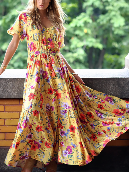

Women Floral V Neck Short Sleeve Comfy Casual Maxi Dress, Yellow, Dresses