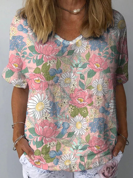 

Crew Neck Short Sleeve Floral Regular Loose Shirt For Women, Light pink, Blouses