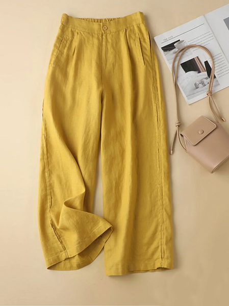 

Loose Cotton Linen Plain Pants, Yellow, Pants