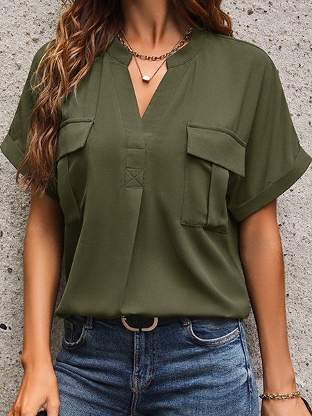 

V Neck Short Sleeve Plain Regular Regular Fit Shirt For Women, Army green, Blouses