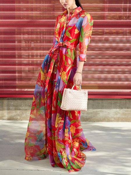 

Loose Vacation Shirt Collar Floral Maxi Dress With Belt, Red, Maxi Dresses
