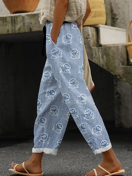

Casual Floral Long Pant, Blue, Pants