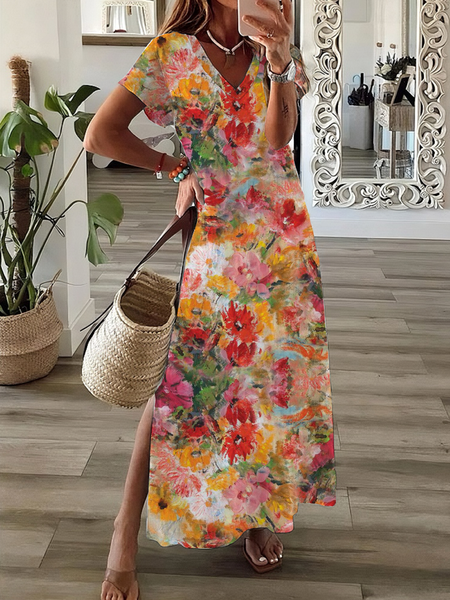 

Women Floral V Neck Sleeveless Comfy Casual Maxi Dress, Flower, Dresses