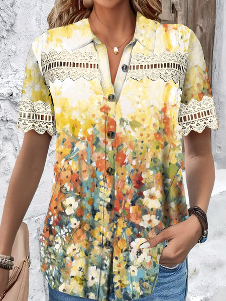 

Shirt Collar Short Sleeve Floral Lace Edge Regular Loose Shirt For Women, Yellow, Shirts