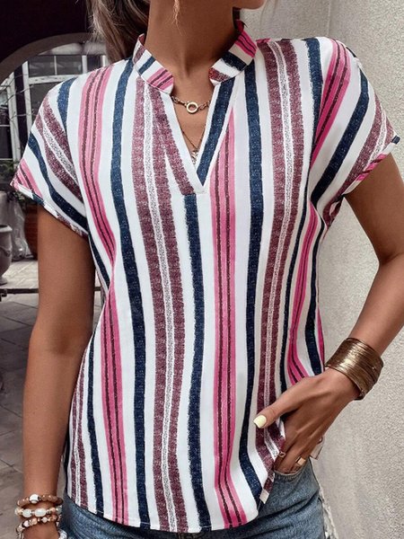 

V Neck Short Sleeve Striped Regular Regular Fit Shirt For Women, Red, Blouses