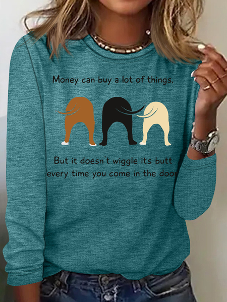 

Women's Wiggle Butt Pet Lover Dog Casual Crew Neck Letters Top, Green, Long sleeves