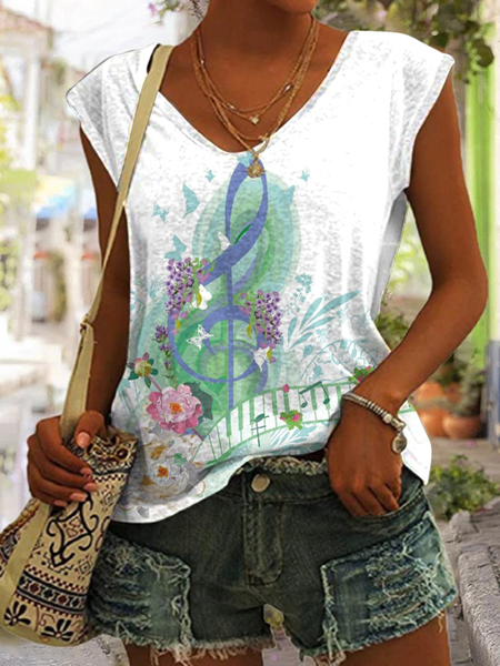 

Casual V Neck Music Tank Top, White, Tanks & Camis