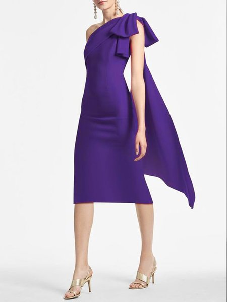 

Elegant Bow One Shoulder Plain Regular Fit Dress, Purple, Midi Dresses