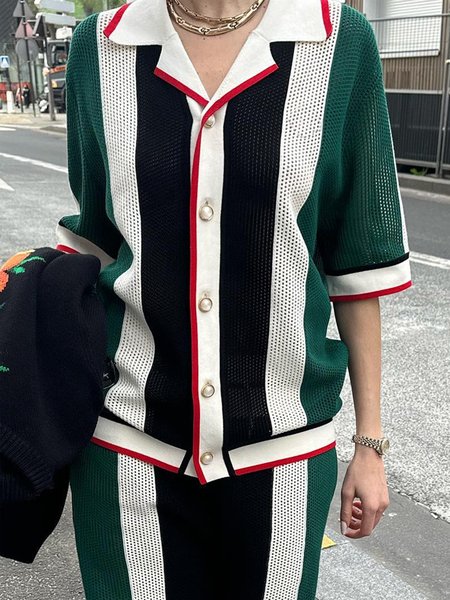 

Loose Lapel Collar Color Block Urban Half Sleeve Blouse, As picture, Blouses and Shirts