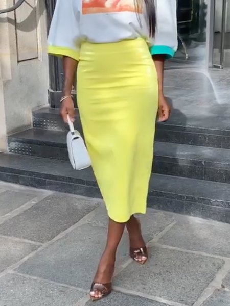 

Tight Plain Casual Midi Skirt, Yellow, Skirts