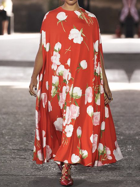 

Vacation Crew Neck Cap Sleeve Loose Maxi Dress, Red, Maxi Dresses