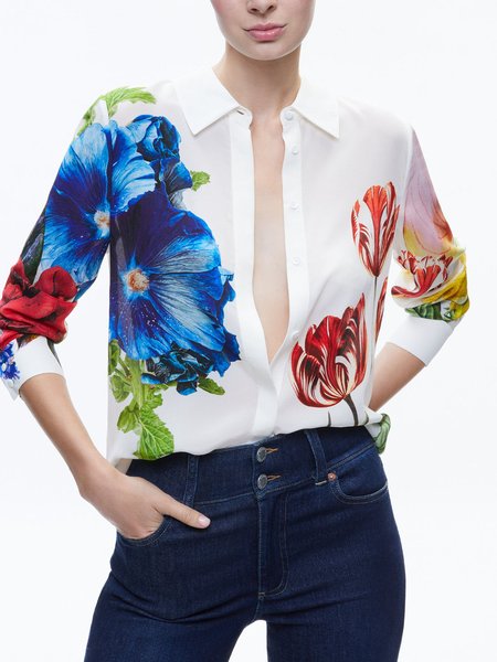 

Regular Fit Floral Shirt Collar Elegant Blouse, White, Blouses and Shirts