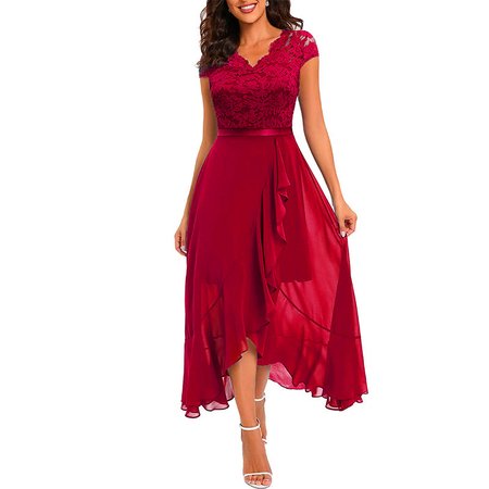 

Women Plain Crew Neck Sleeveless Comfy Casual Lace Maxi Dress, Red, Dresses