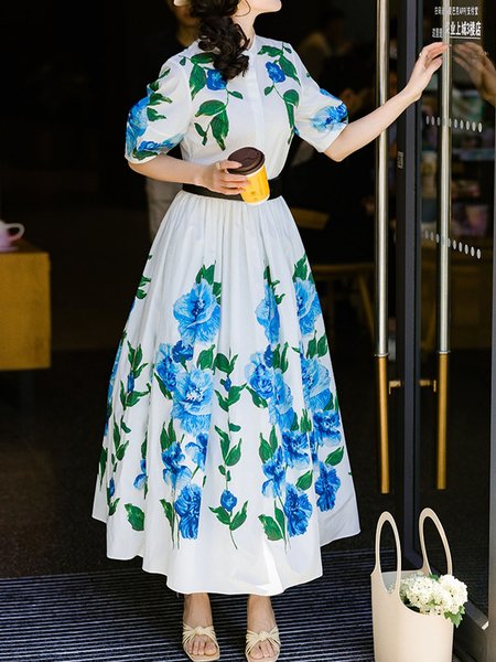 

Stand Collar Floral Regular Fit Elegant Dress With No Belt, White, Maxi Dresses