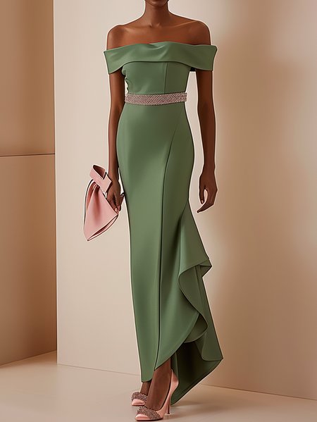 

Women's Short Sleeve Summer Color Block Ruched Dress Boat Neck Date Going Out Urban Floor Length A-Line, Green, Dresses