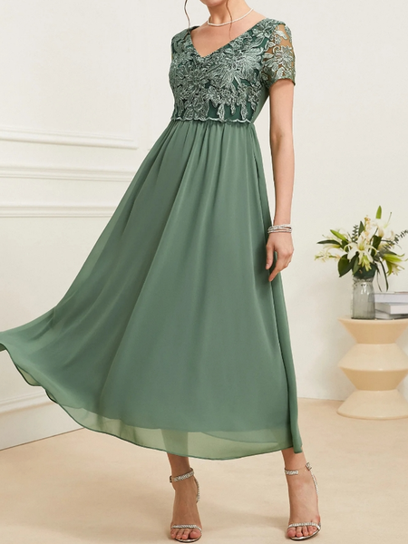 

Women Plain V Neck Short Sleeve Comfy Party Lace Maxi Dress, Green, Dresses