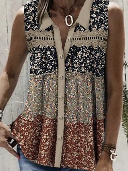 

Plus size Small Floral Casual Shirt Collar Tank Top, Multicolor, Tanks & Camis