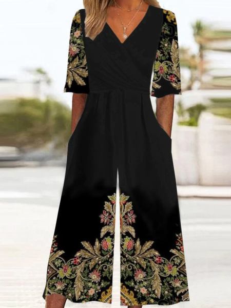 

Women Short Sleeve Cross Neck Loose Ankle Pants Buckle Daily Casual Ethnic Natural T-Shirt Jumpsuit, Black, Jumpsuits&Rompers