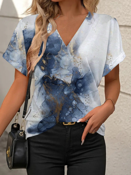 

Casual Abstract V Neck Short Sleeve T-shirt, Blue, Blouses
