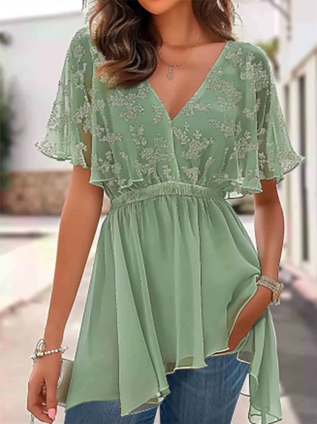 

V Neck Vacation Small Floral Regular Fit Shirt, Lightgreen, Shirts & Blouses