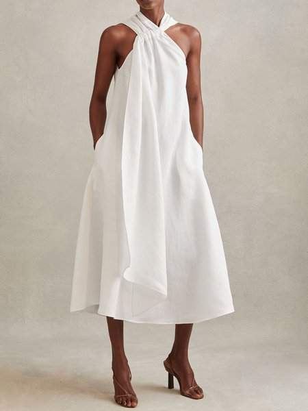 

Plain Casual Loose Halter Long Dress, White, Midi Dresses
