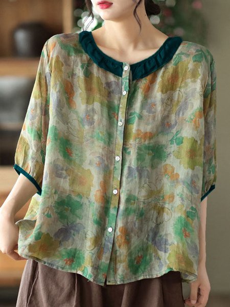 

Crew Neck Half Sleeve Floral Regular Loose Blouse For Women, Green, Blouses