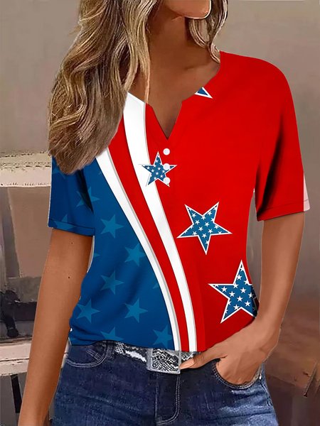 Casual Loose Jersey Independence Day T-Shirt, Red, T-shirts