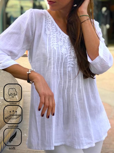 

V Neck Cotton Casual Lace Shirt, White, Blouses & Shirts
